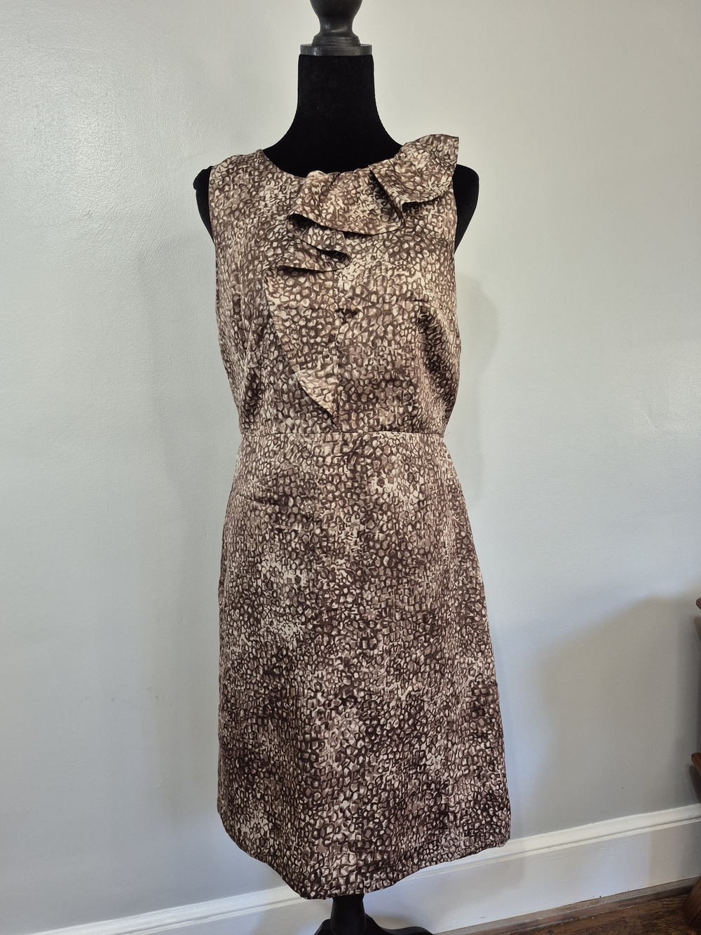 Ann Taylor LOFT Ruffle Neck Abstract Sleeveless Brown Ruffle Neck Sheath Dress